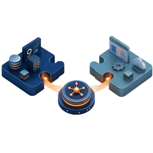 Ilustração de integração e conexão entre sistemas.