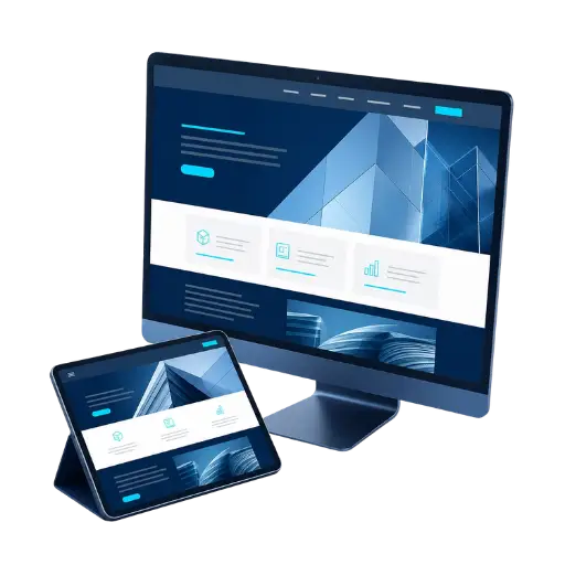 Ilustração de website responsivo em monitor e tablet.